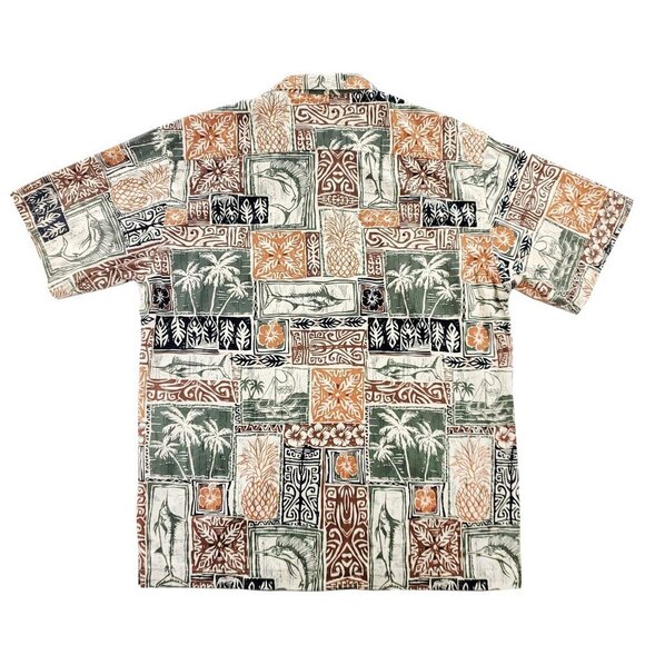 AFTCO Bluewater Hawaiian Shirt Polynesian Fishing Palm Trees Made USA Men Large - Picture 3 of 12